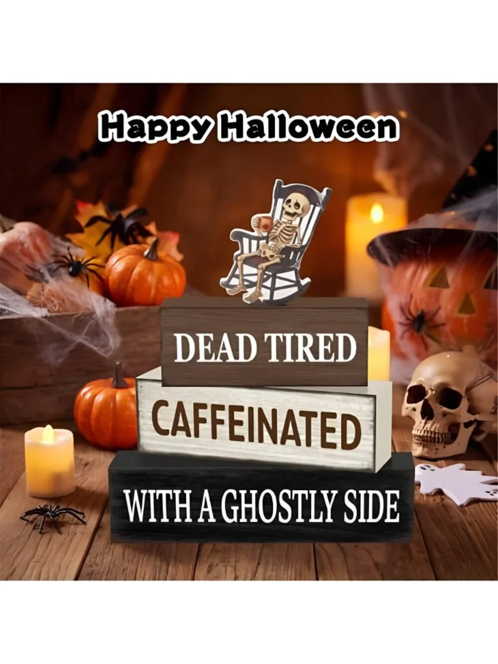 4 Pcs Halloween Wooden Table Decor, Funny Halloween Home Decorations